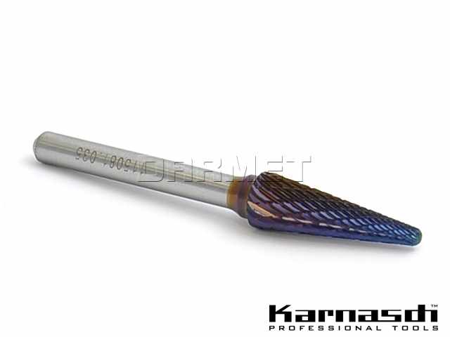 Pilnik obrotowy stożkowy z czołem kulistym KEL z powłoką Blue-Tec, frez do metalu - 10 x 20MM, długość 65MM, chwyt 6MM - KARNASCH (115081-030)