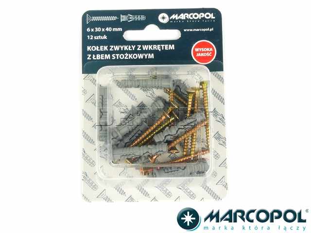 Kołki rozporowe z wkrętami 6 x 30 x 40 mm, 12 szt. - MARCOPOL (QB0141)