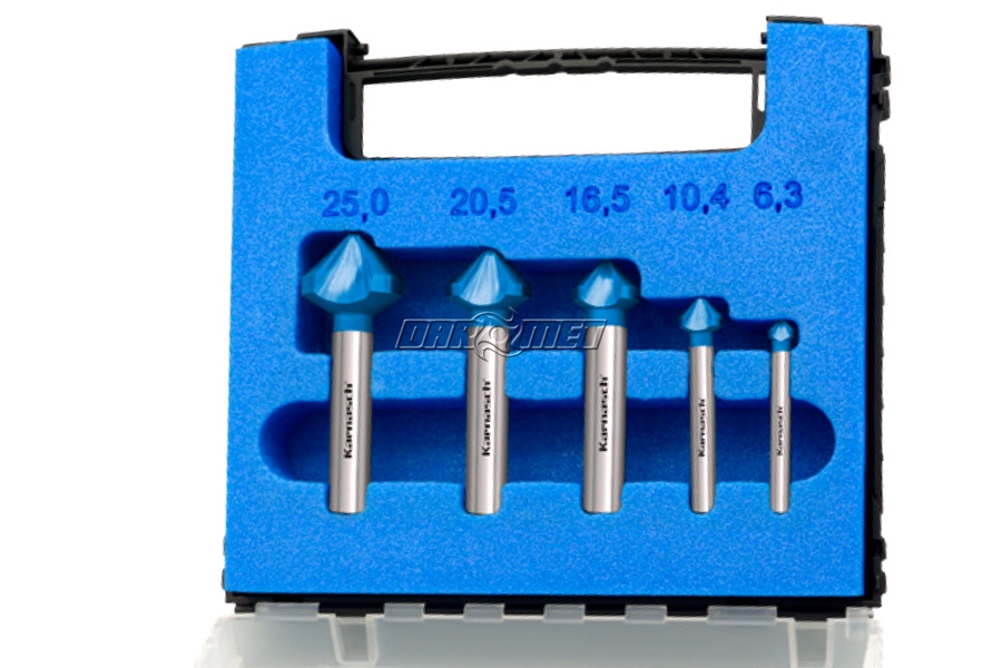 Zestaw pogłębiaczy 100° 5 szt., HSS-XE + BLUE-TEC, asymetryczne ostrza, uchwyt 3-fazowany: 6,3 - 10,4 - 16,5 - 20,5 - 25,0 mm | 201658 KARNASCH