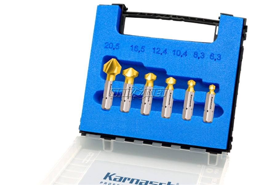 Zestaw pogłębiaczy 90° HSS-XE+TiN, asymetryczne ostrza, krótkie, uchwyt 1/4" udarowy, DIN 335 - 6,3 - 20,5mm - 403095010 | KARNASCH