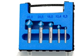 Zestaw pogłębiaczy 100° 5 szt., HSS-XE + BLUE-TEC, asymetryczne ostrza, uchwyt 3-fazowany: 6,3 - 10,4 - 16,5 - 20,5 - 25,0 mm | 201658 KARNASCH