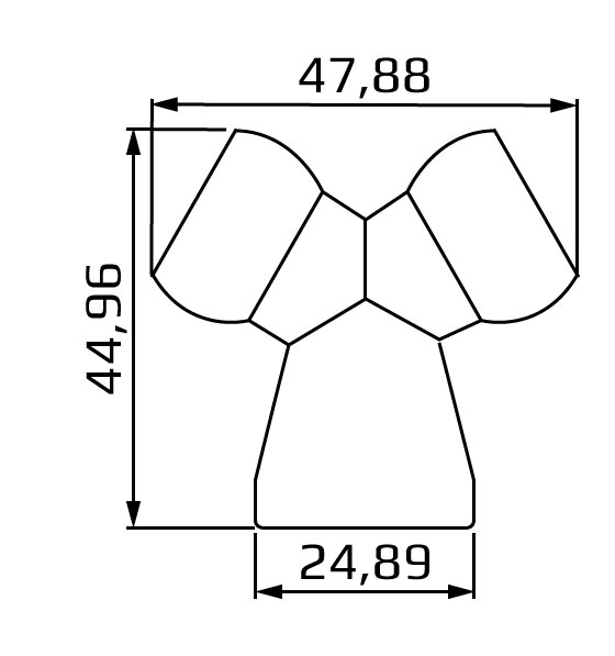 rozgałęziacz Y z 1/2 na 2 x 1/2, system 1/2, wymiary