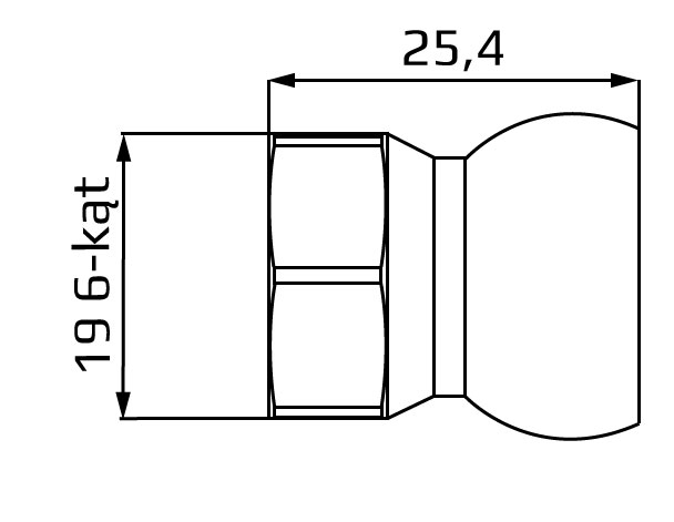 segment z gwintem wewnętrznym SAE 3/8, system 1/2, wymiary